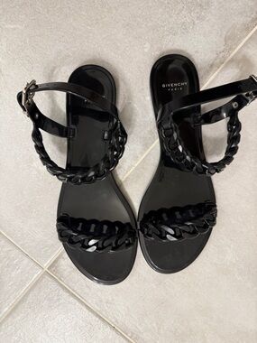 Givenchy Glossy Black Chain-Strap Flat Sandals